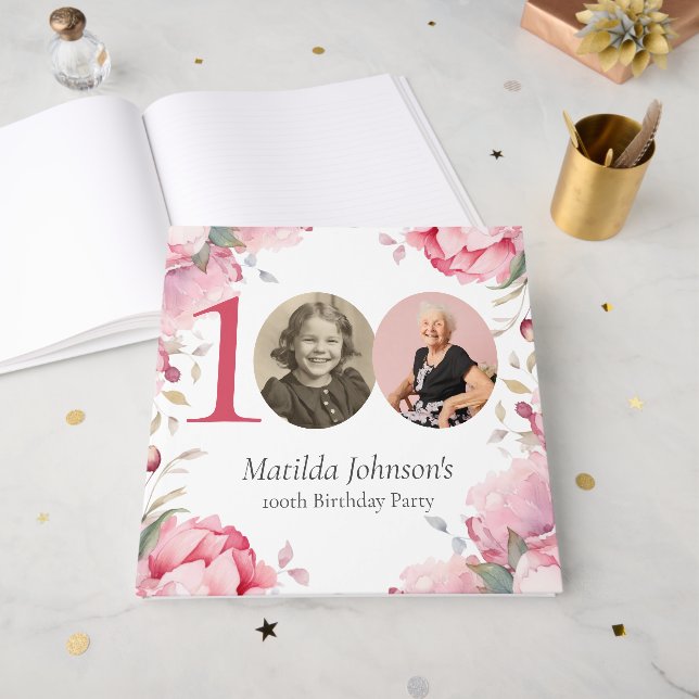 Elegant Pink Floral Photo 100th Birthday Gästebuch (Vorderseite offen)
