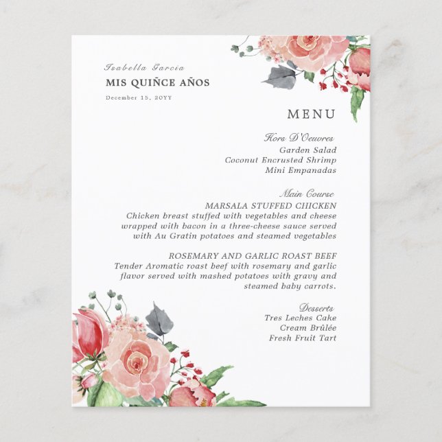 Elégant Pink Floral Quinceanera menu de boissons (Devant)