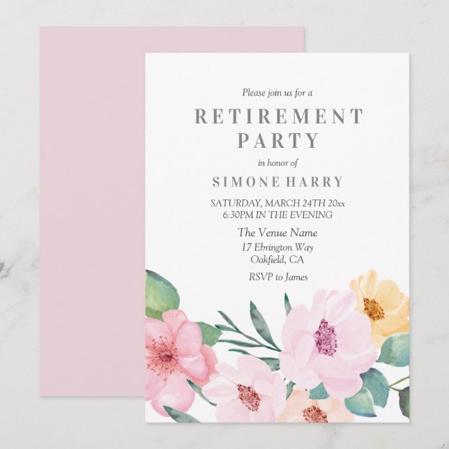 Élégant Pink Floral Retraite Party Invitation (Devant / Derrière)