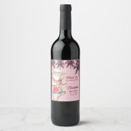 Elegant Pink Floral Stacked Teacups Bridal Shower Weinetikett