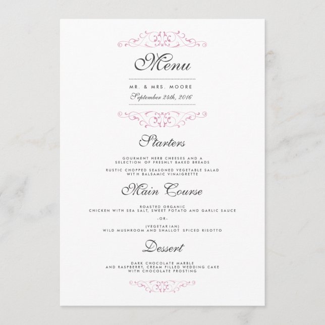 Elégant Pink Flourd Mariage Dîner Menu (Devant)