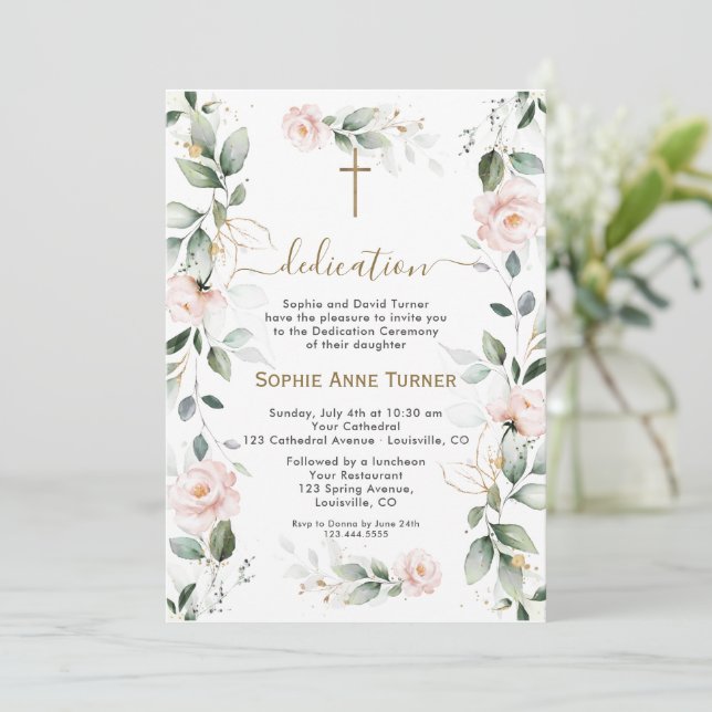 Elegant Pink Flowers Gold Greenery Dedication Einladung (Stehend Vorderseite)
