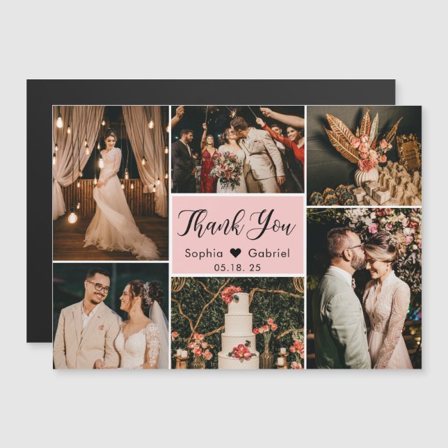 Elegant Pink Foto Collage Wedding Vielen Dank Magnetkarte (Vorne/Hinten)