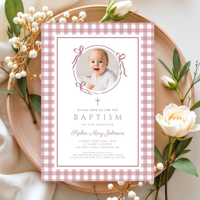 Elegant Pink Gingham Bow Photo Girl Baptism Einladung (Elegant Pink GIngham Bow Photo Girl Baptism Invitation)