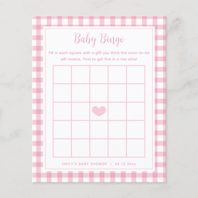Elegant Pink Gingham Girl Baby Shower Bingo Game (Vorderseite)