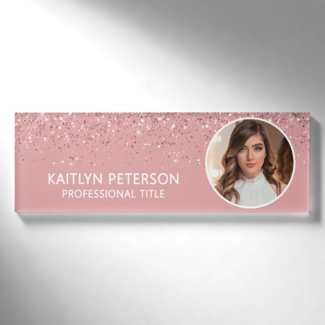 Elegant Pink Glitter Employee Photo ID Namenschild (Vorderseite)