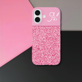 Elegant Pink Glitter Monogram with Name Script iPhone 16 Hülle