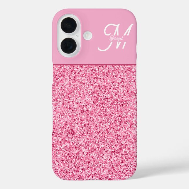 Elegant Pink Glitter Monogram with Name Script iPhone 16 Hülle (Rückseite)