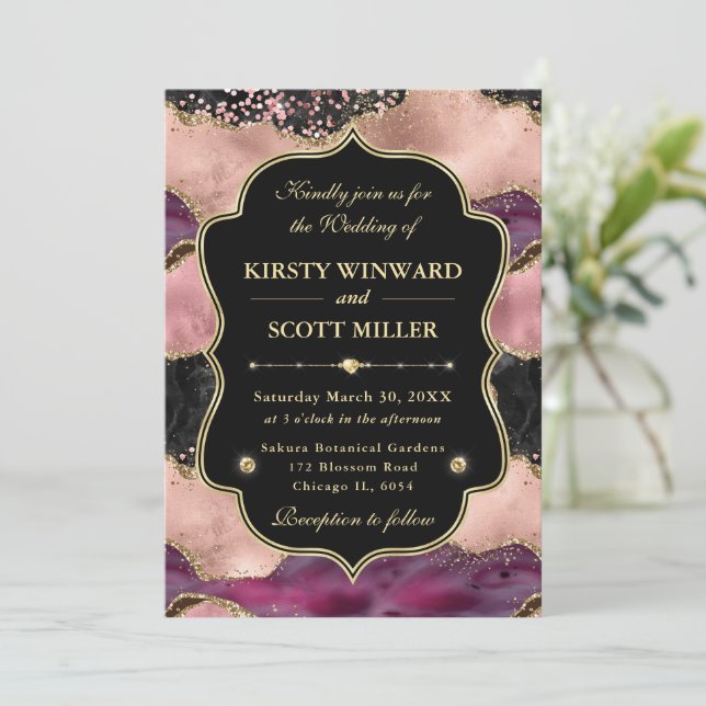 Elegant Pink Gold Agate Marble Glitter Wedding Einladung (Stehend Vorderseite)