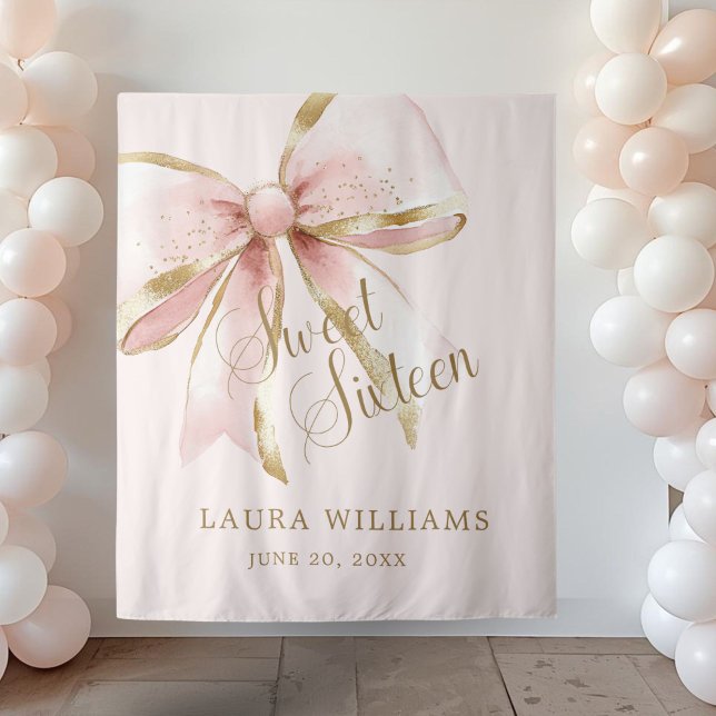 Elegant Pink & Gold Coquette Sweet 16th Backdrop Wandteppich (Pink and Gold Coquette pink Sweet sixteen birthday backdrop banner)