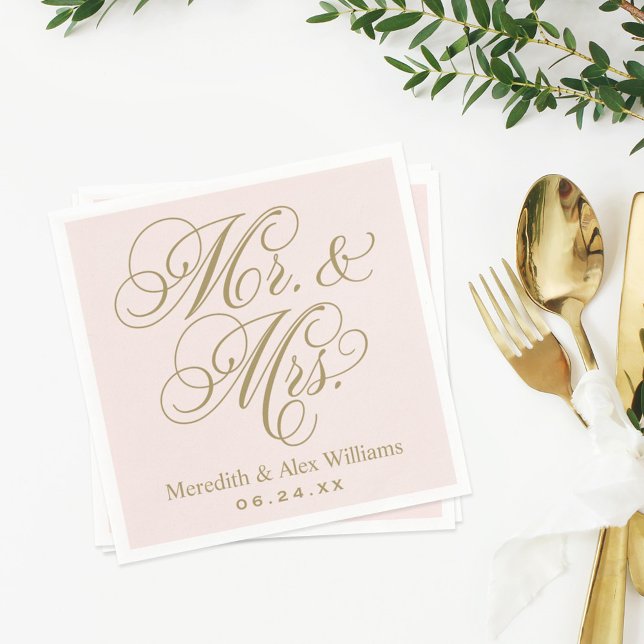 Elegant Pink Gold Mr. und Mrs. Script Monogram Serviette (Von Creator hochgeladen)