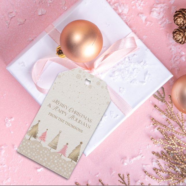 Elegant Pink Gold Pine Tree Frohe Weihnachten Geschenkanhänger (Von Creator hochgeladen)