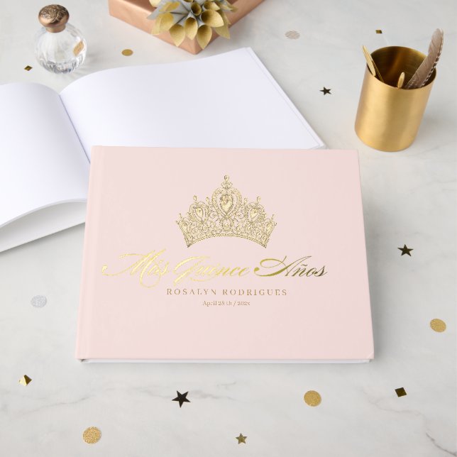 Elegant Pink Gold Quinceanera Gästebuch (Vorderseite offen)