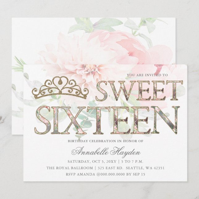 Elegant Pink Gold Tiara Floral Sweet 16 Einladung (Vorne/Hinten)