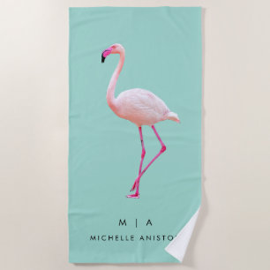 Elegant Pink green Flamingo Monogram Custom Dry Strandtuch