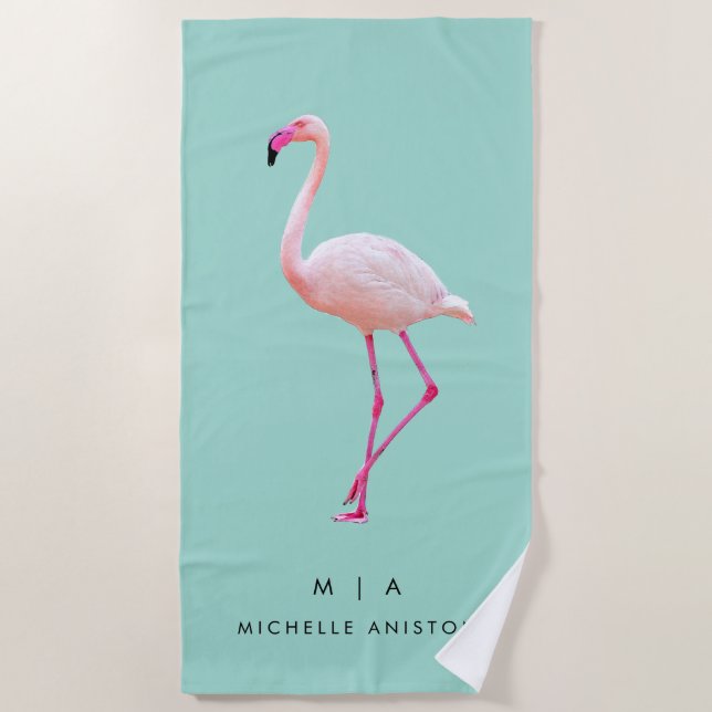 Elegant Pink green Flamingo | Monogram Custom Dry Strandtuch (Vorderseite)