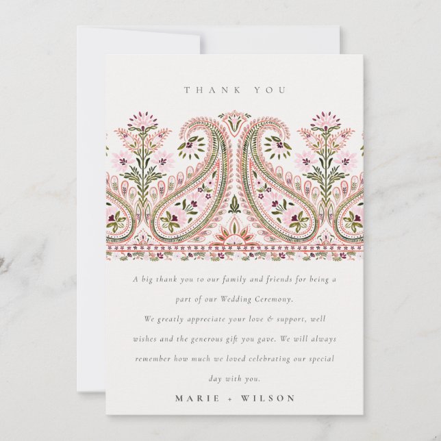 Elegant Pink Green Floral Paisley Motif Wedding Dankeskarte (Vorderseite)