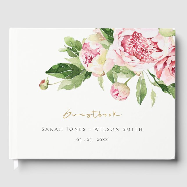 Elegant Pink Green Peony Blumental Danke Hochzeit Gästebuch (Vorderseite)