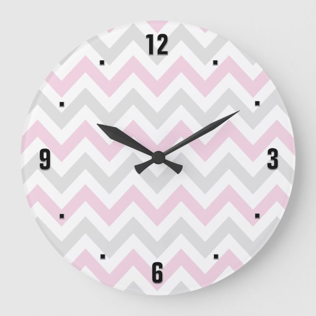 Elegant Pink, Grey and White Chevron Pattern Große Wanduhr (Vorderseite)