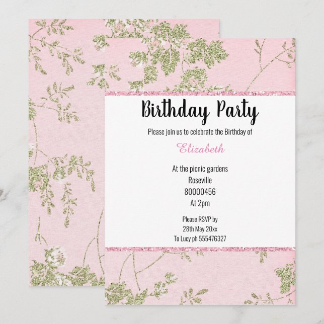 ELEGANT PINK GRÜNE FRÜHSTÜCKSTHEMA GEBURTSTAG EINLADUNG (Vorne/Hinten)