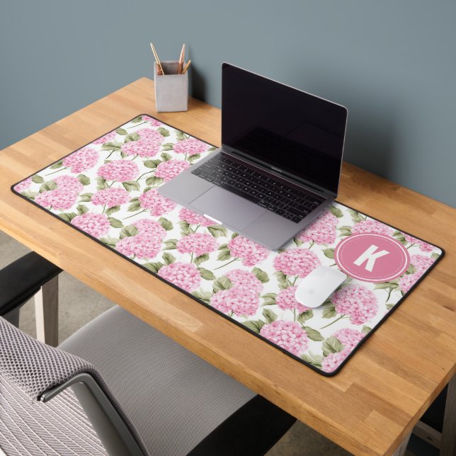 Elegant Pink Hydragea Flowers Pattern Monogram Schreibtischunterlage (Büro 2)