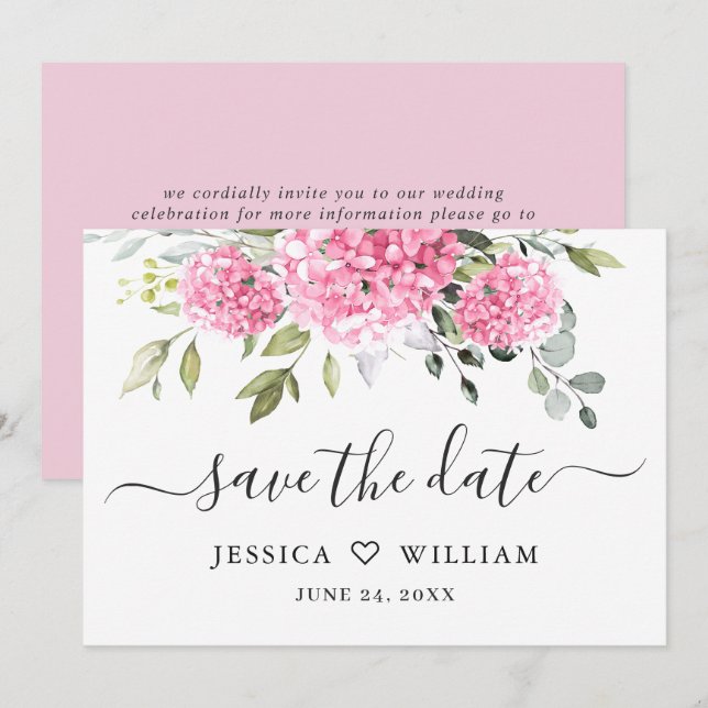 Elegant Pink Hydrangea Blumenhochzeit Save The Date (Vorne/Hinten)