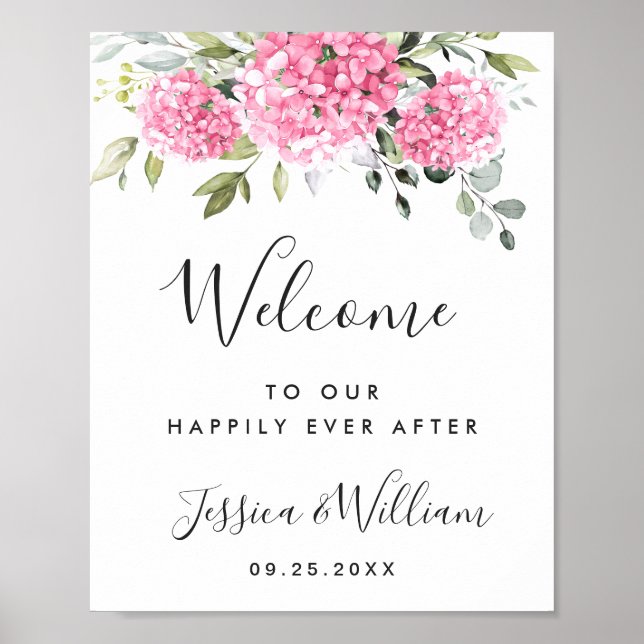 Elegant Pink Hydrangea Eucalyptus Wedding Welcome Poster (Vorne)
