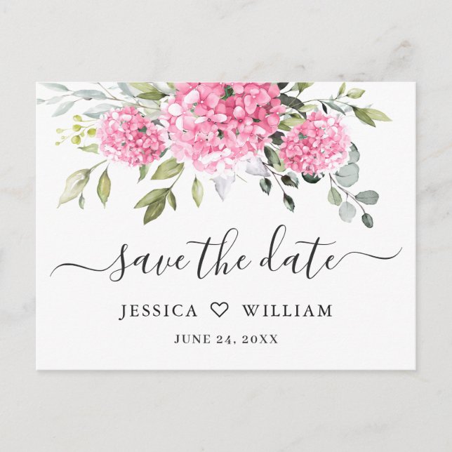 Elegant Pink Hydrangea Hochzeit speichern Sie das  Postkarte (Vorderseite)