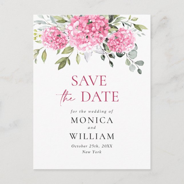 Elegant Pink Hydrangea Hochzeit speichern Sie das  Postkarte (Vorderseite)