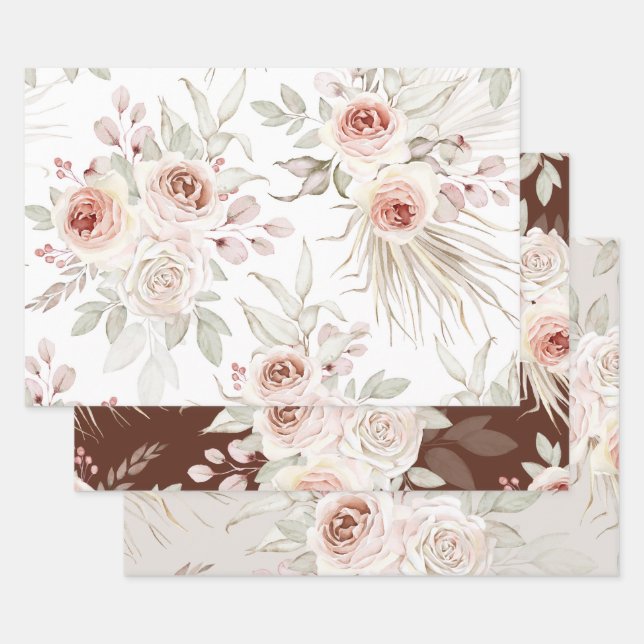 Elegant Pink Ivory Boho Rose Grüne Geschenkpapier Set (Set)