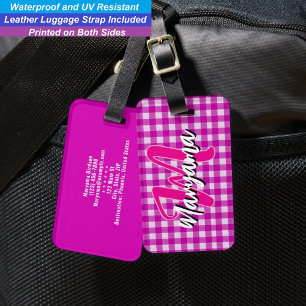 Elegant Pink Karo Stylischer Schriftmonogramm-Na Gepäckanhänger