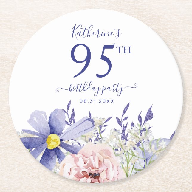Elegant Pink Lila Floral 95. Geburtstagsparty Runder Pappuntersetzer (Vorderseite)