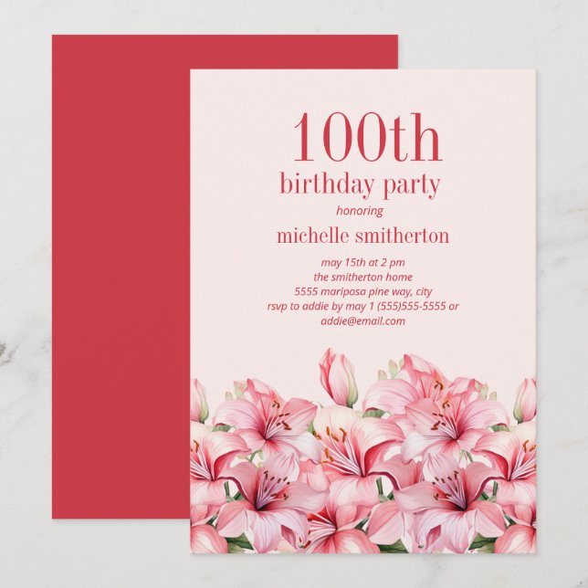 Elegant Pink Lilies 100. Geburtstag Einladung (Vorne/Hinten)