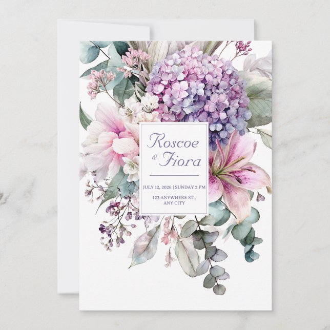 Elegant Pink Lily Purple Hydrangea Watercolor Einladung (Vorderseite)