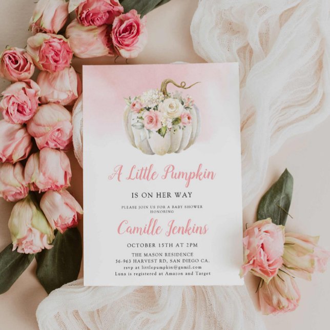 Elegant Pink Little Pumpkin Girl Babydusche Einladung (A little Pumpkin in on the way Pink baby shower invitation)
