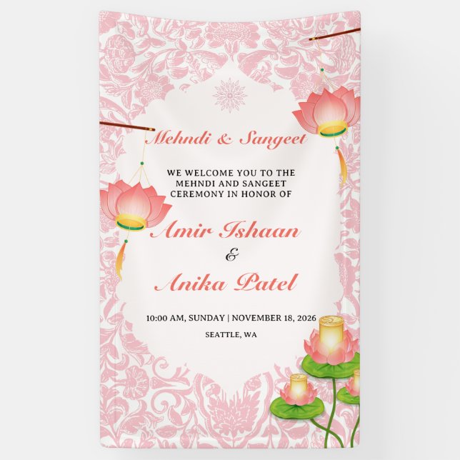 Elegant Pink Lotus Lanterns Mehndi Sangeet Banner (Vertikal)