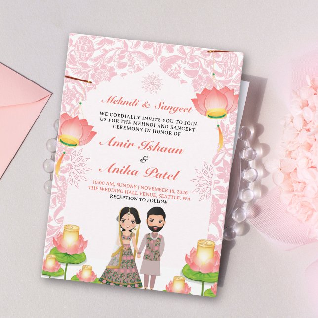 Elegant Pink Lotus Lanterns Mehndi Sangeet Indian Einladung (Von Creator hochgeladen)
