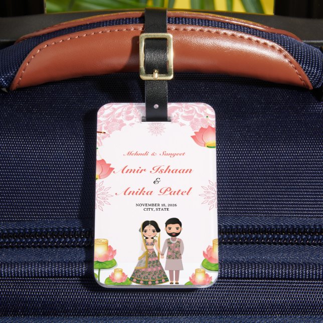 Elegant Pink Lotus Lanterns Mehndi Sangeet Indian Gepäckanhänger (Vorderseite Insitu 2)