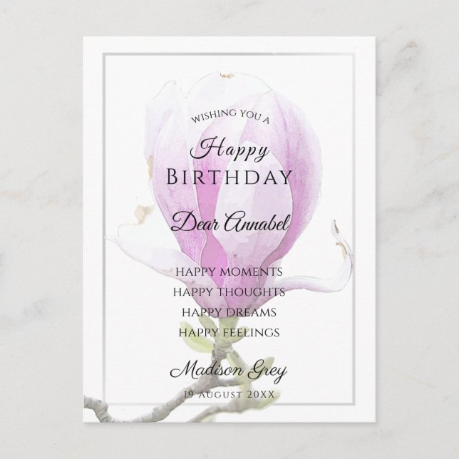 Elegant Pink Magnolia Birthday wünscht Postkarte (Vorderseite)