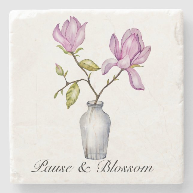 Elegant Pink Magnolia Watercolor in Glass Vase Steinuntersetzer (Vorderseite)