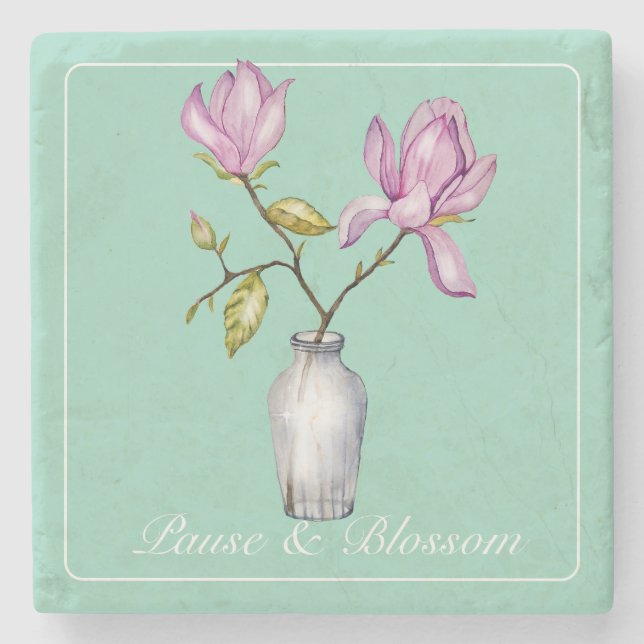 Elegant Pink Magnolia Watercolor Steinuntersetzer (Vorderseite)