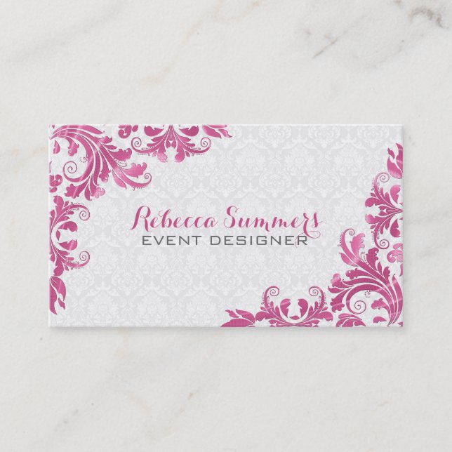 Elegant Pink Metall Lace White Damasks Visitenkarte (Vorderseite)