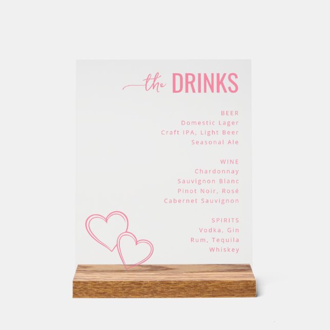 Elegant Pink Minimalist Beverage Menu Acrylschild (Vorderseite)