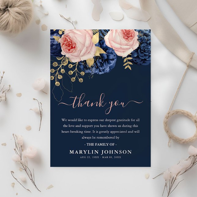 Elegant Pink & Navy Florals Begräbnis Vielen Dank Dankeskarte (Von Creator hochgeladen)