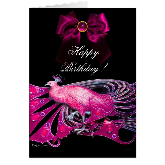 ELEGANT PINK PEACOCK, BOW, GEM STONE, Happy Birthd (Vorne)