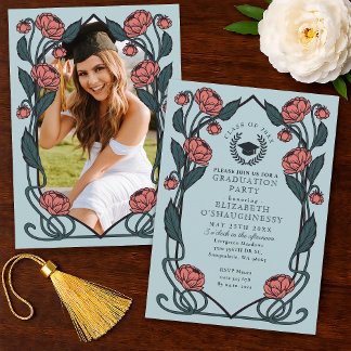 Elegant Pink Peonies Art Nouveau Graduation Party Einladung