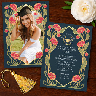 Elegant Pink Peony Art Nouveau Graduation Party Einladung