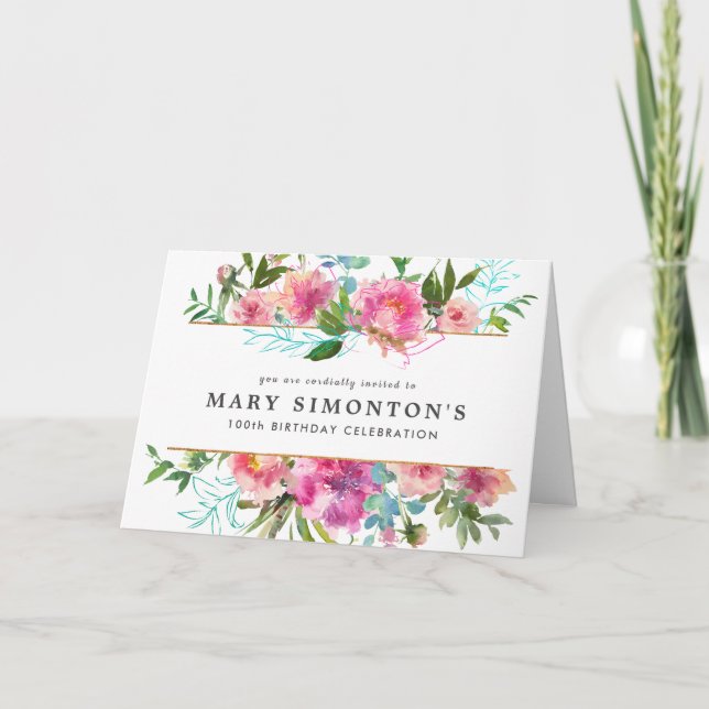 Elegant Pink Peony Floral 100. Geburtstag Einladung (Vorderseite)