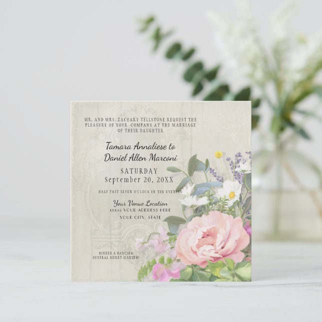 Elegant Pink Peony Floral Greenery Rustikales Holz Einladung (Stehend Vorderseite)