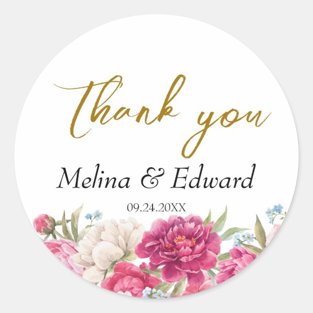 Elegant Pink Peony Florals Wedding Runder Aufkleber (Vorderseite)